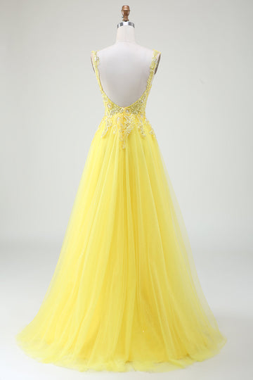 Abito da ballo bustier in tulle con spacco e perline giallo